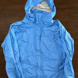 Marmot Women’s Blue Rain Jacket Hooded Packable Hiking Windbreaker Size Small